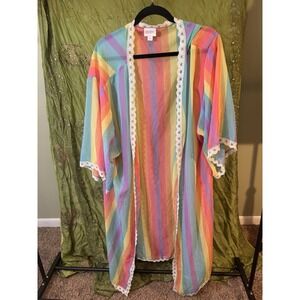 LuLaRoe Kimono Rainbow Stripe Lace Trim Beach Coverup Sheer Open Women's Size XL